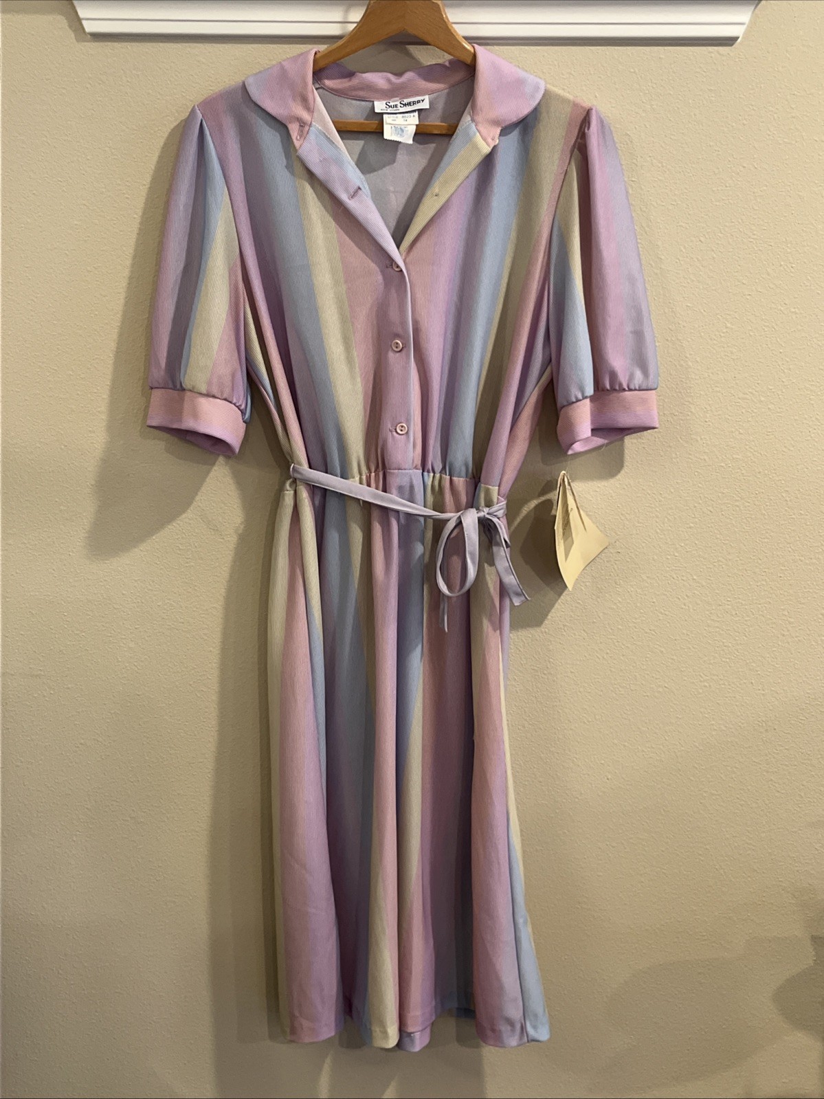 Vtg Pin Up Rockabilly Belted Pastel Stripe Dress Fit Flare Retro Med/L Swing USA