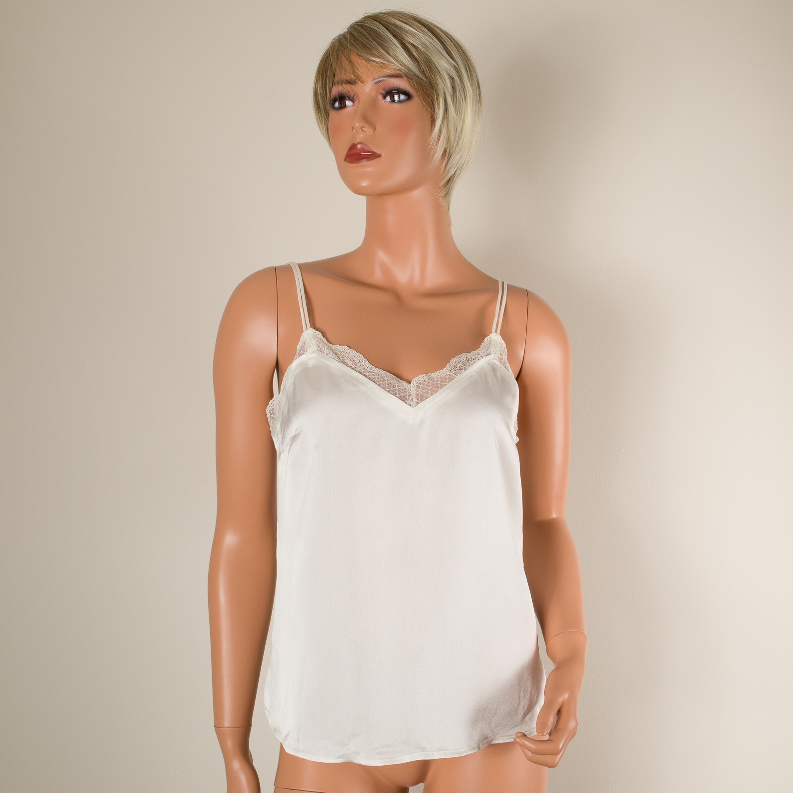 💖ABERCROMBIE FITCH Ivory Cami Tank Top Silky Spaghetti Strap Button Lace Trim S