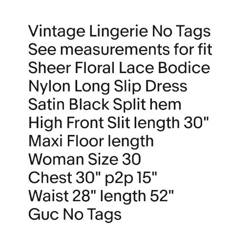 Vintage Sheer Lace Nylon Long Slip Dress Woman Sz 30 Satin Black High Front Slit