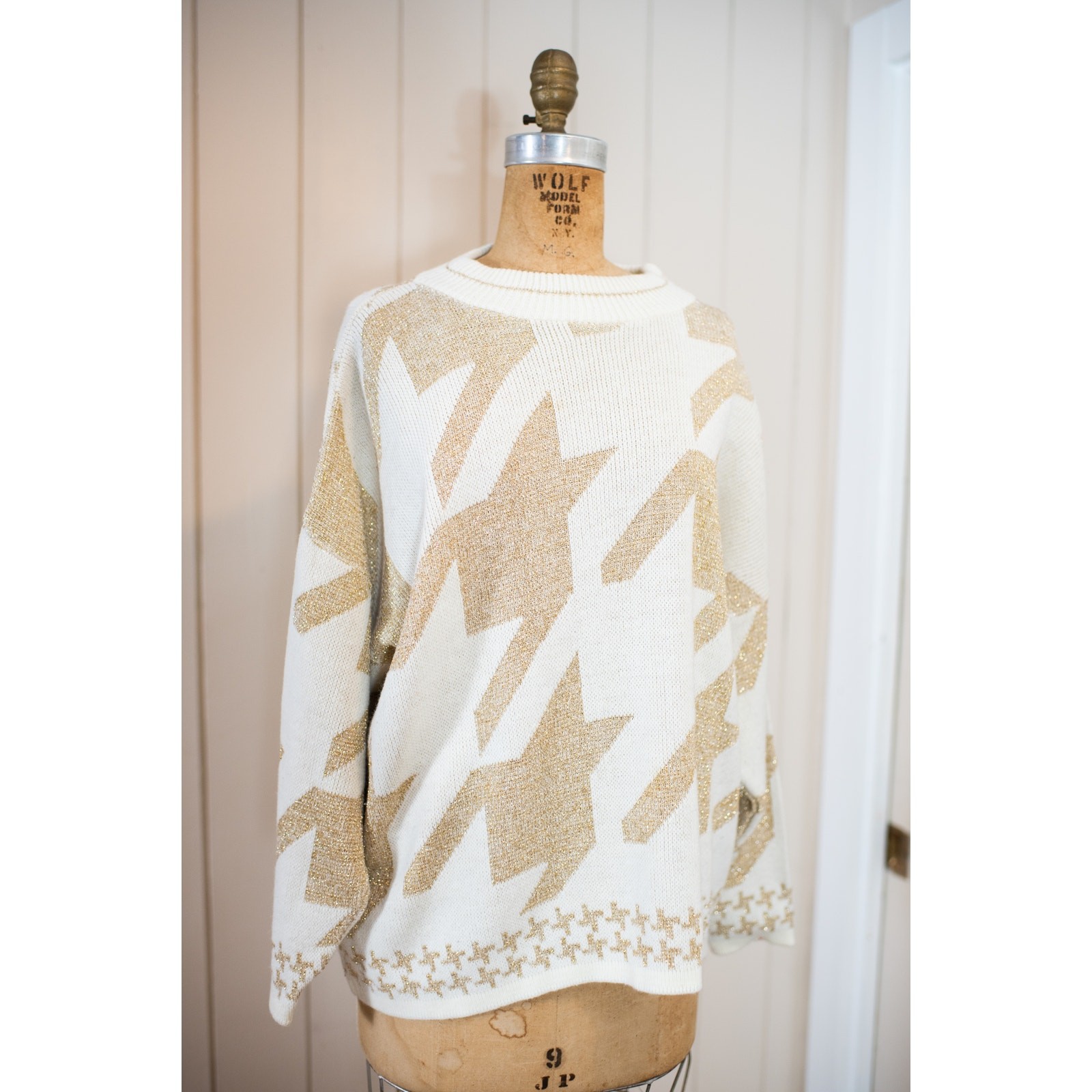 Vintage 80s Abstract Origami Sweater Cream Gold Metallic Artsy Neutral Knit, Lg