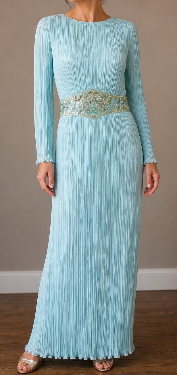 Vintage Ricki Lang Nuit Fortuny Pleat Evening Dress Deco Sequin 14 USA Union tag