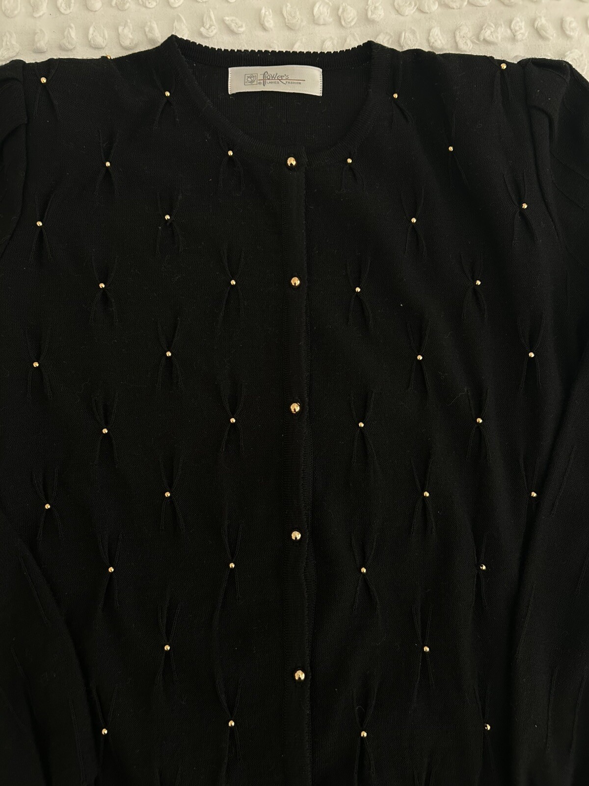 Vintage 1980’s Black Gold Button & Beads Cardigan Padded Shoulders Size Sm EUC