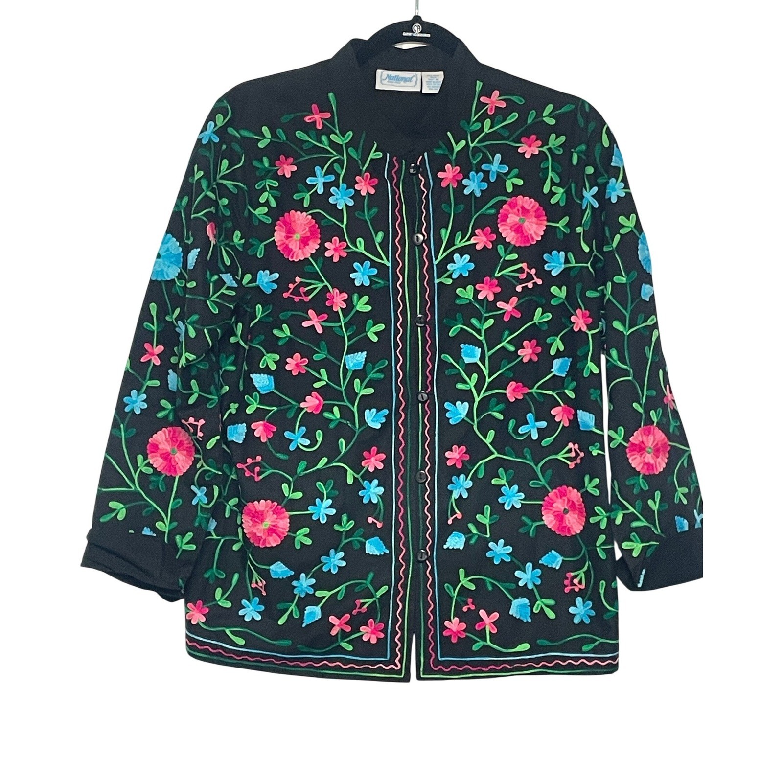 National Vintage Style Embroidered Floral Cotton Black Shirt Jacket Women’s M