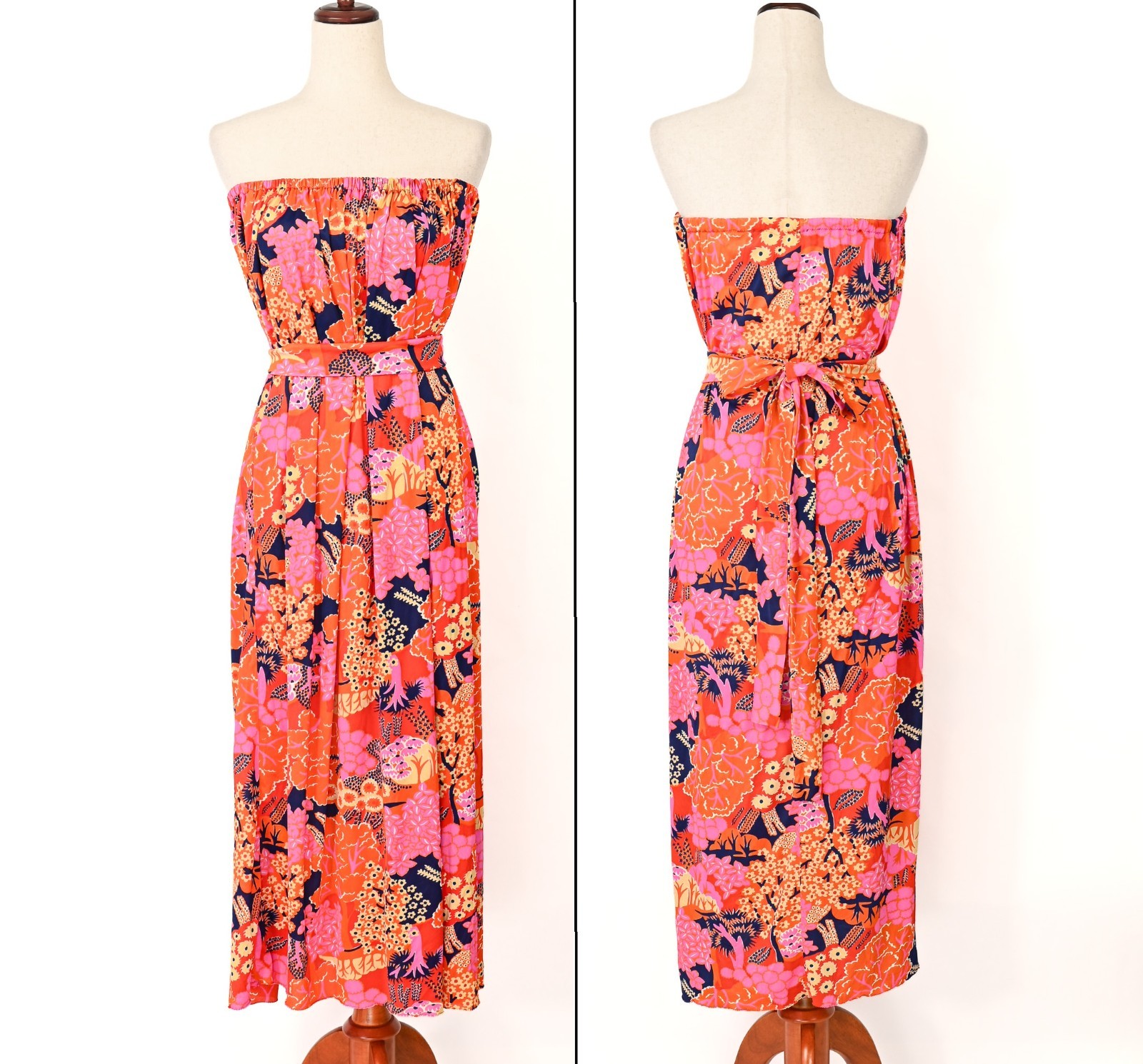 Vintage 70s Orange Blue & Pink Floral Polyester Strapless Maxi Dress – OS