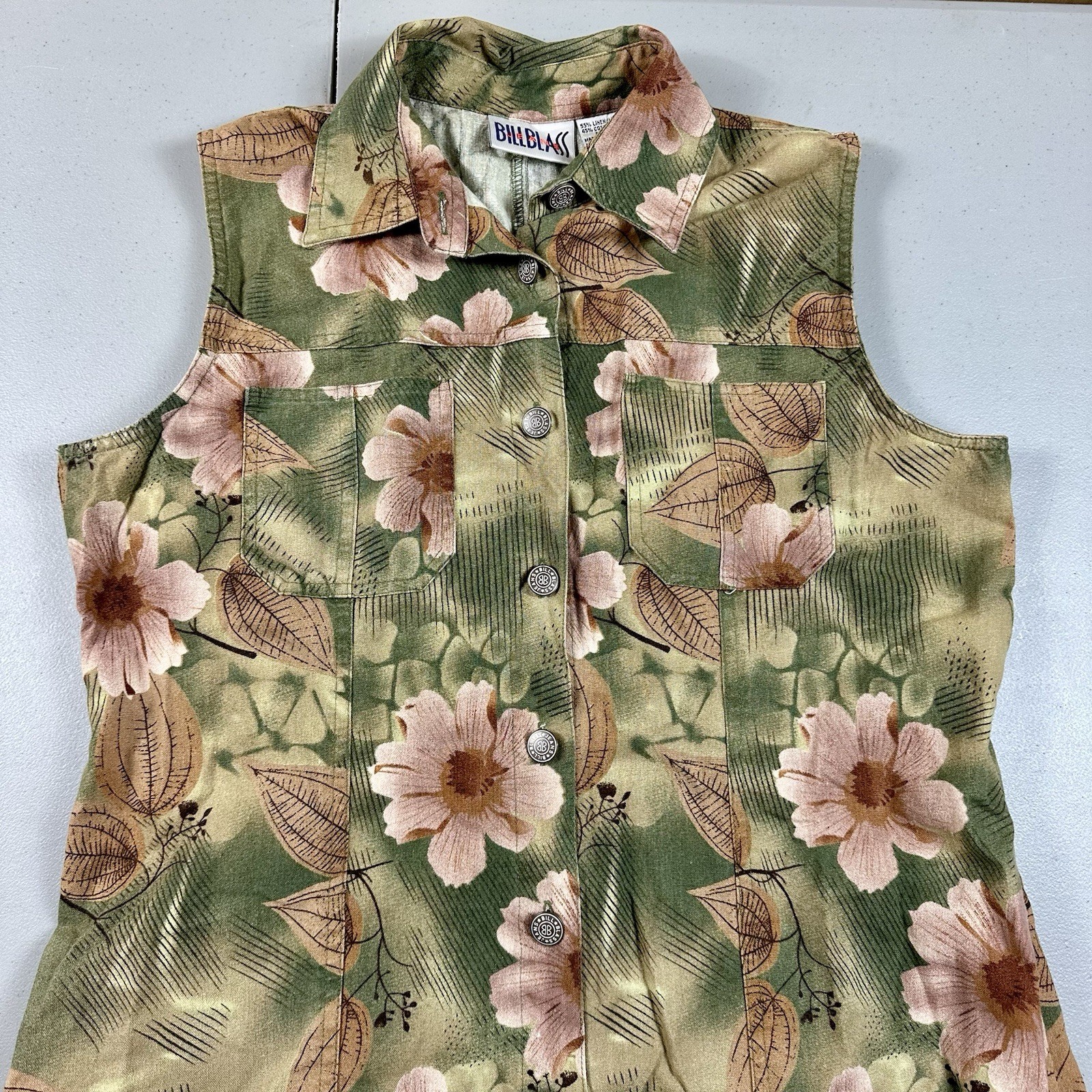 Vintage 90s Bill Blass Dress M/L Flower Midi Maxi Button Front Linen