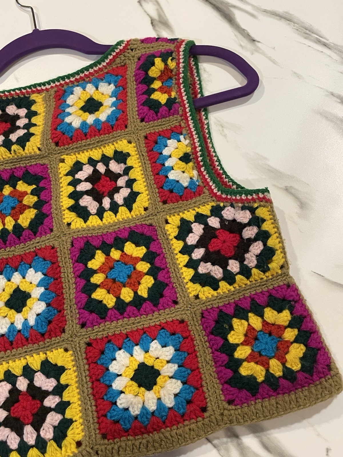 Vintage 70’s Charlie’s Girl Erika Elias Granny Square Crochet Vest Cropped XS