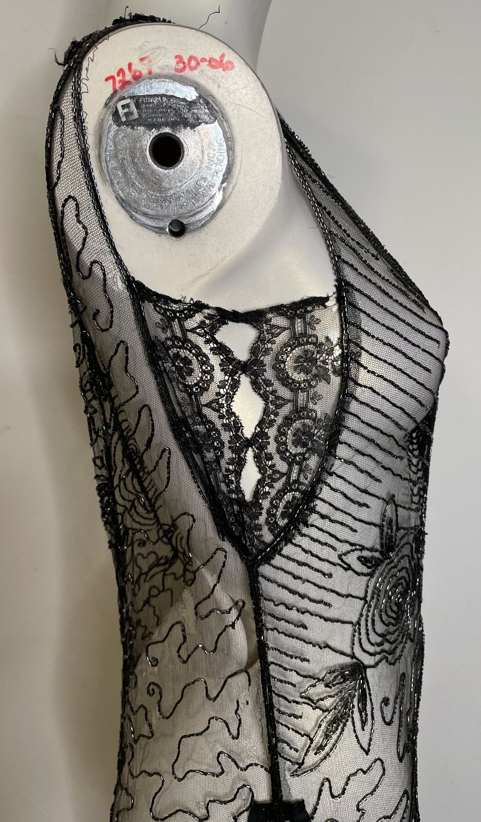Antique 30s Art Deco Black Lace Sheer Beaded Dress S XS Floral Holes
