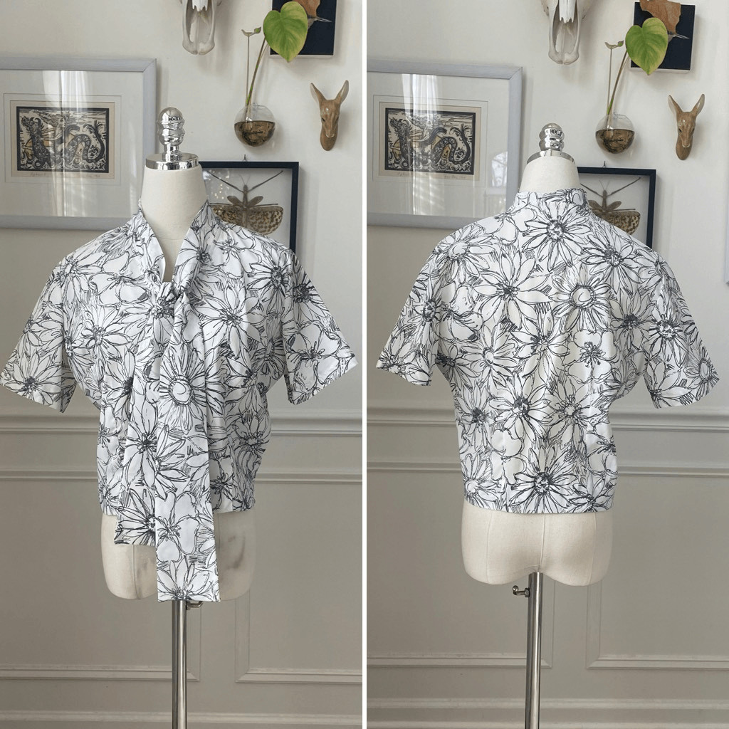 Vintage 70s Cropped Sketch Floral Black Grey Neck Tie Blouse S