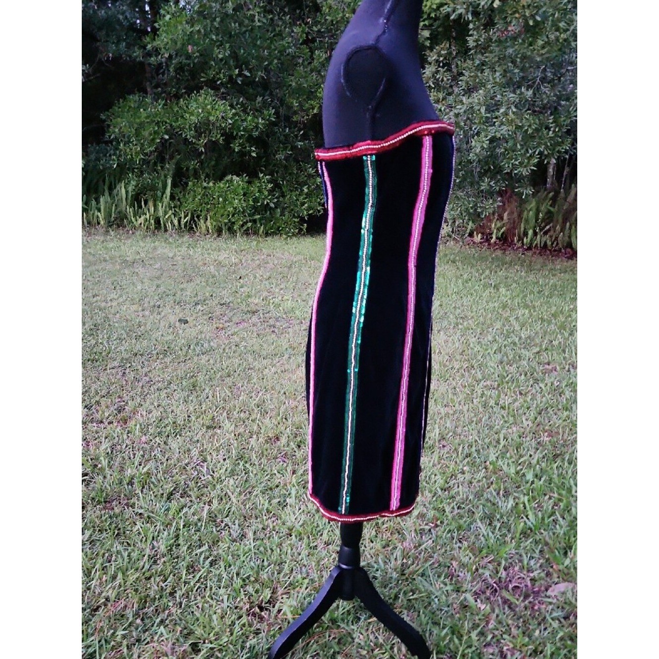 VTG Escada Black Velvet Strapless Dress with Pink Green Blue SEQUIN Gold BEAD M.