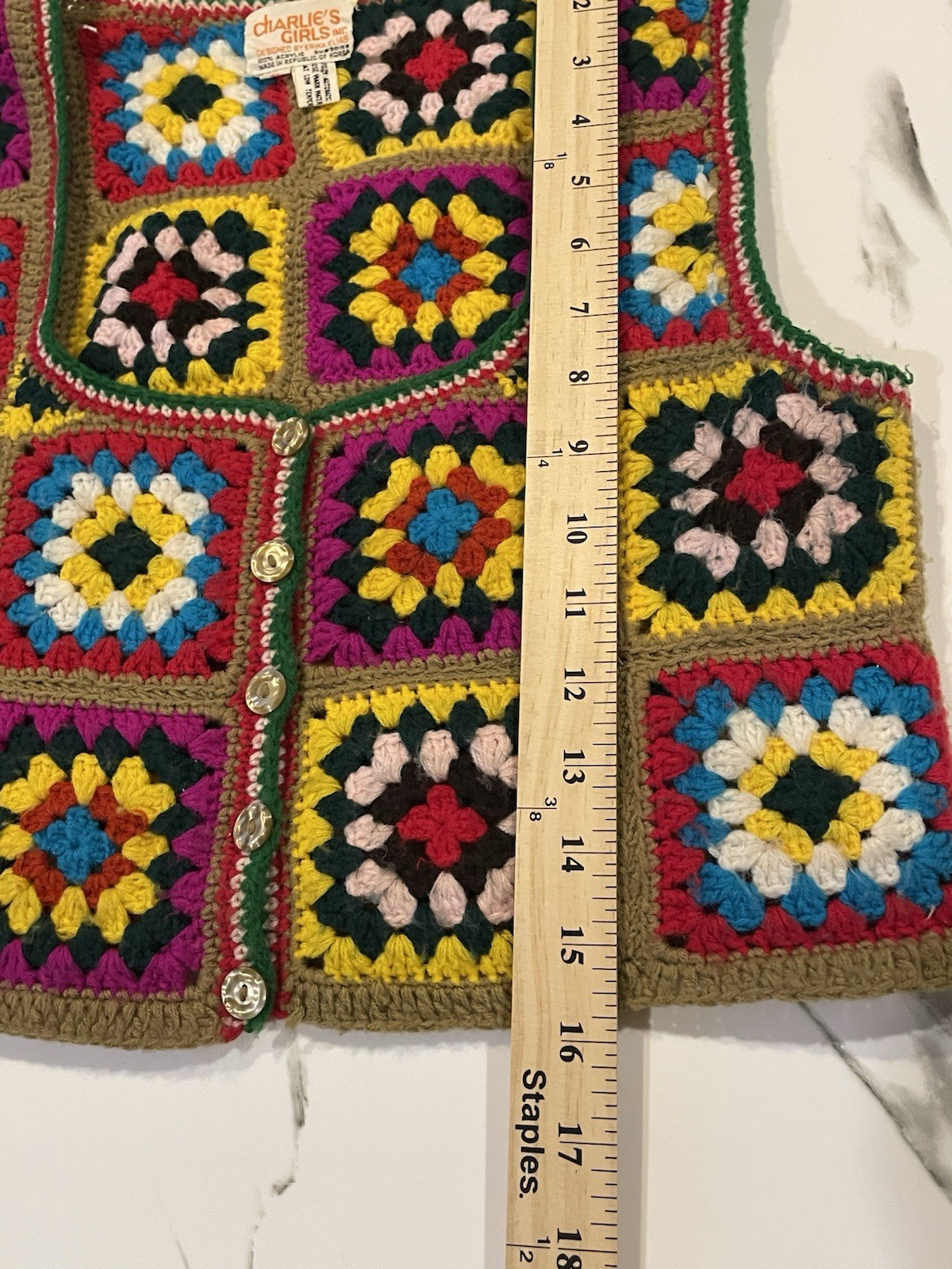 Vintage 70’s Charlie’s Girl Erika Elias Granny Square Crochet Vest Cropped XS