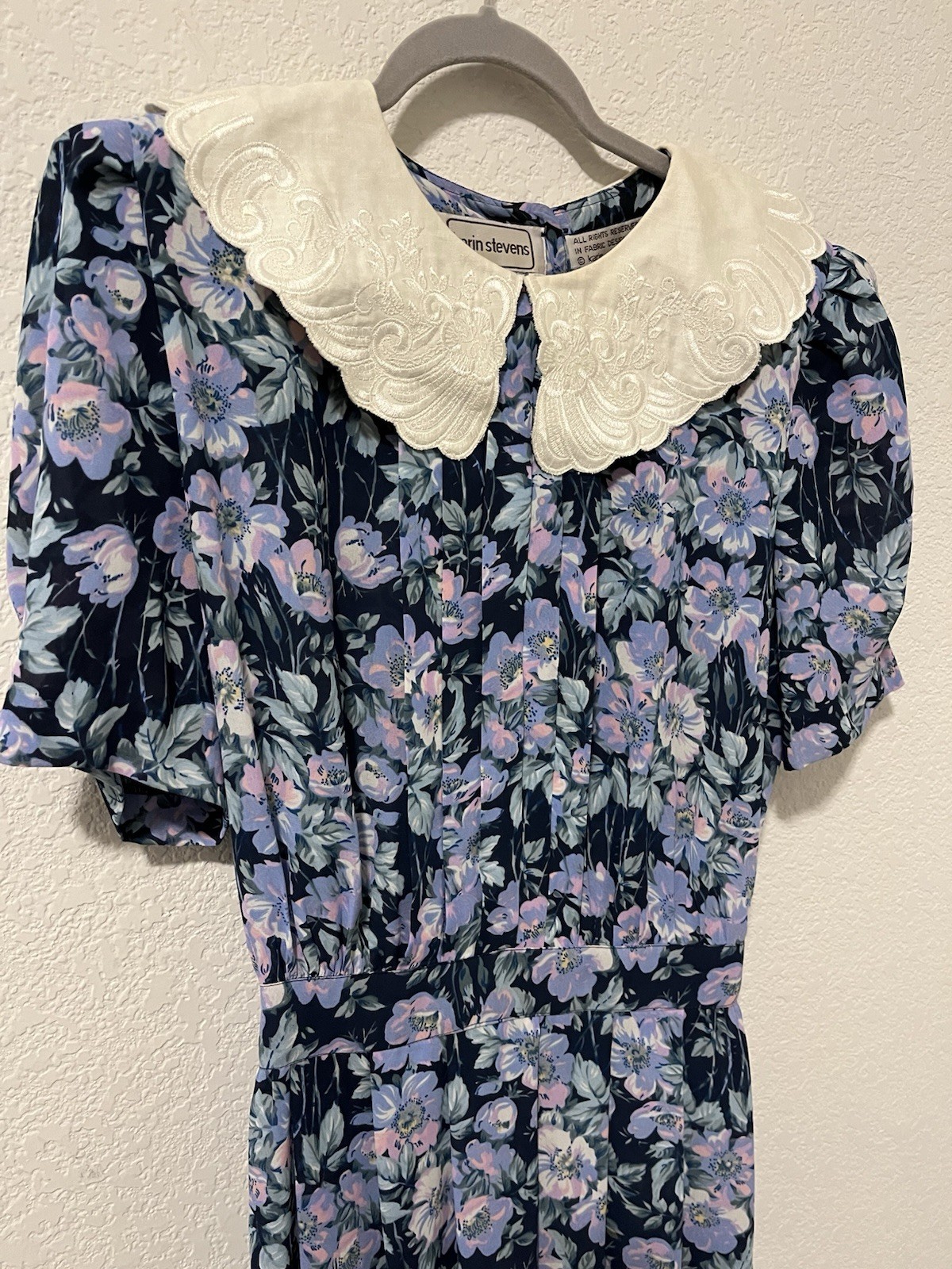 Vintage Karin Stevens Dress 14 Blue Floral Pleated Short Sleeve Cottagecore 80’s