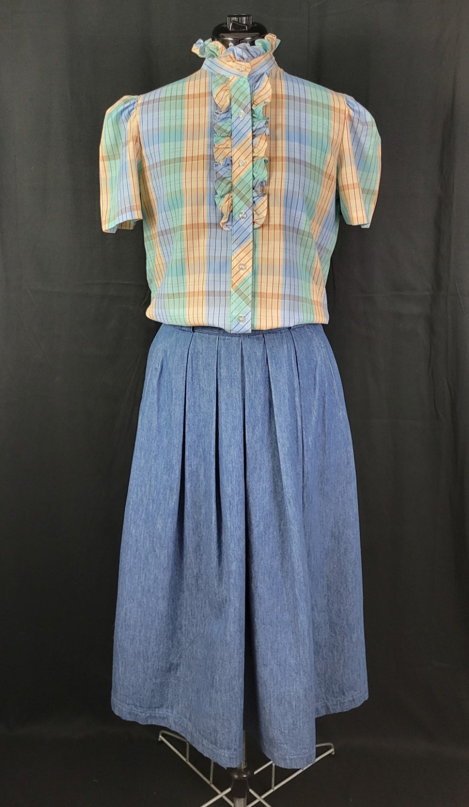 Vtg Lucky Winner Peach/Mint/Blue Plaid Top w Ruffled Collar Size 11/12