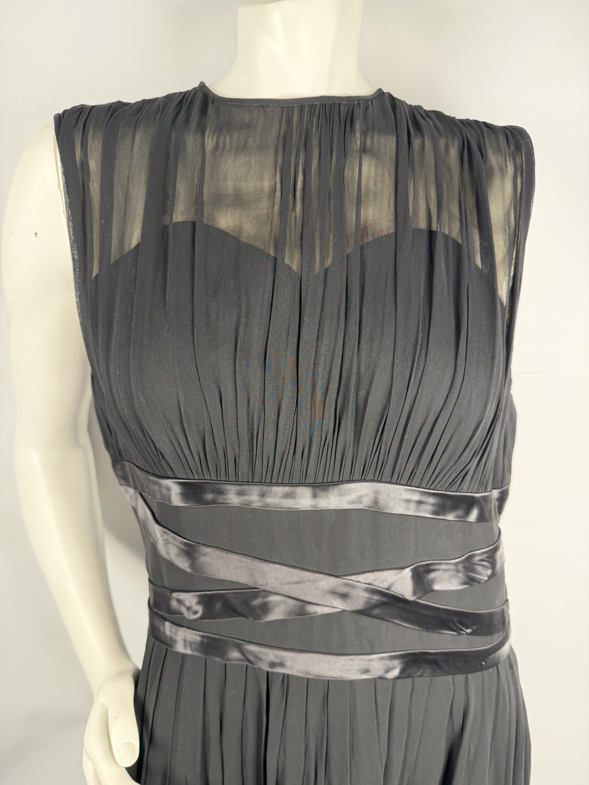 Vintage 1950s Mid Century Retro Black Chiffon Pleated Fit Flare Sleeveless Dress
