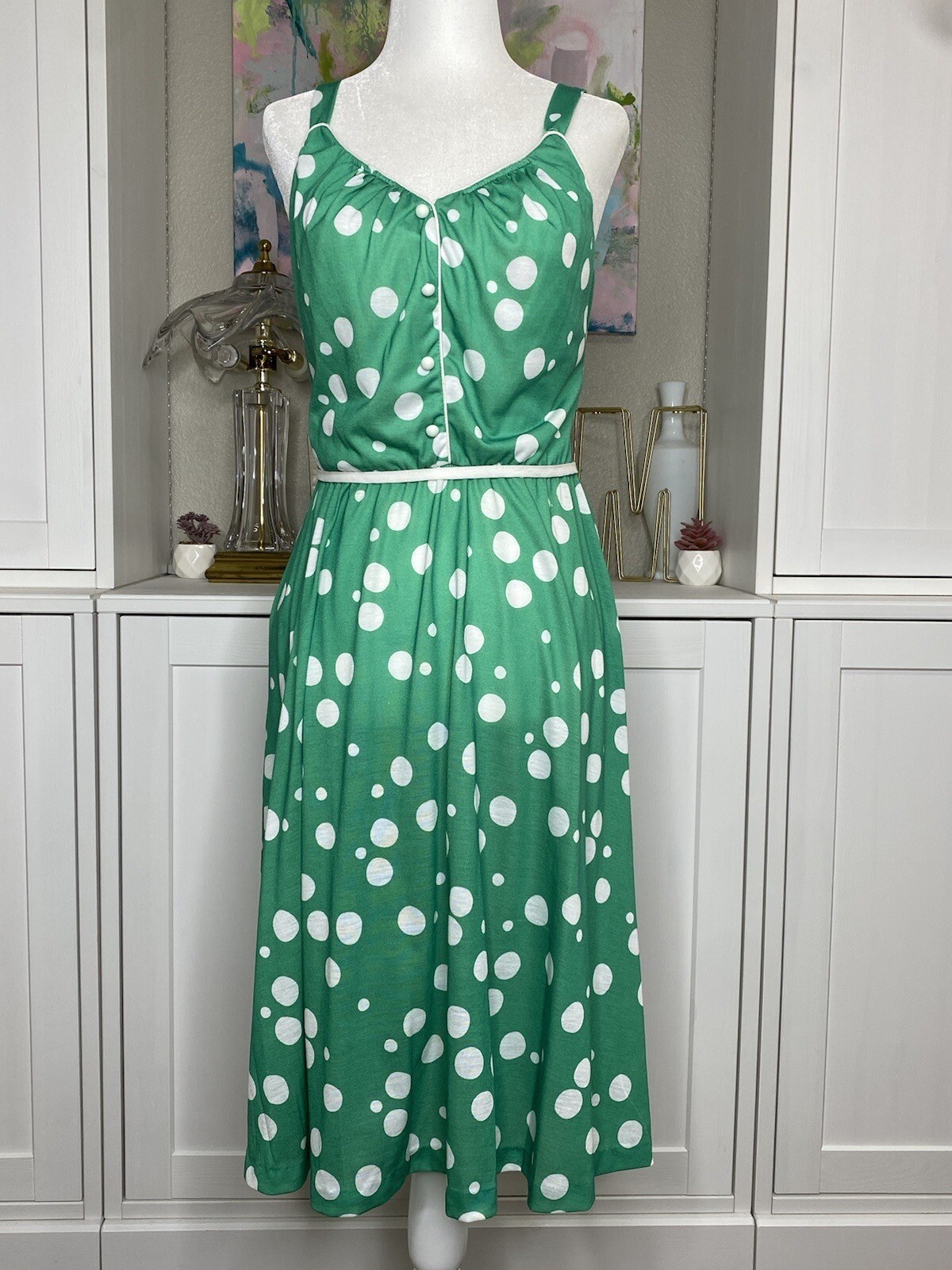 1970s Dash-About Dress Green Polka Dots Small Smocked Back 10P Polyester