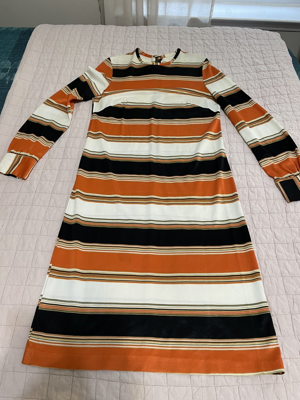 Hand Sewn Vtg 70s Midi Dress Orange Brown Yellow Sm/6 Long Sleeve Back Zipper **