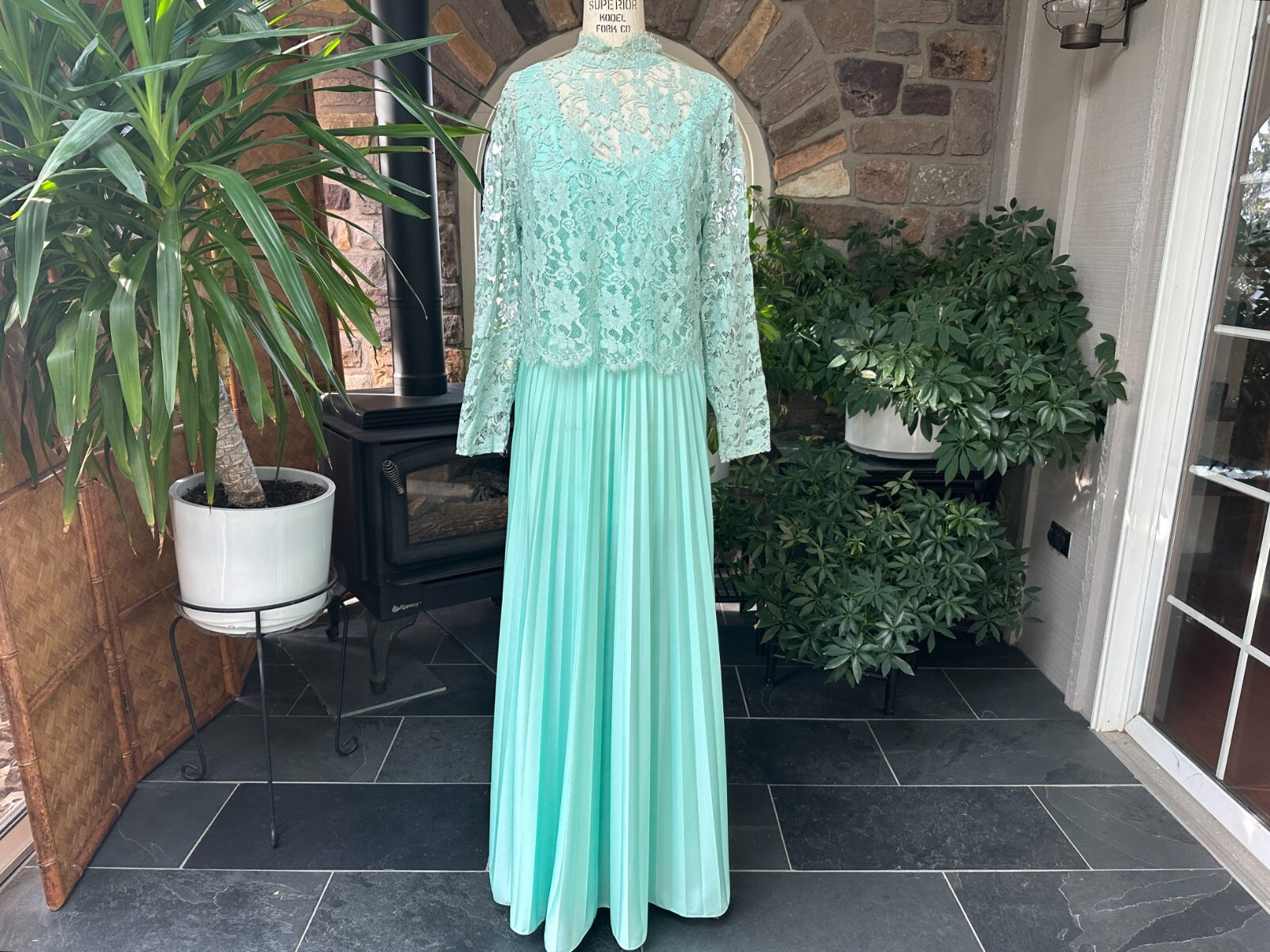 Vintage 1970s Goddess Mint Green Pleated Knit Evening Dress with Lace Jacket