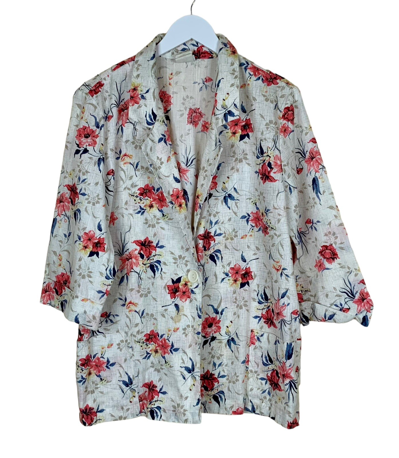 Vintage Modern Essentials Wonen’s Lg Blazer White Floral 3/4 Cuffed Sleeve USA