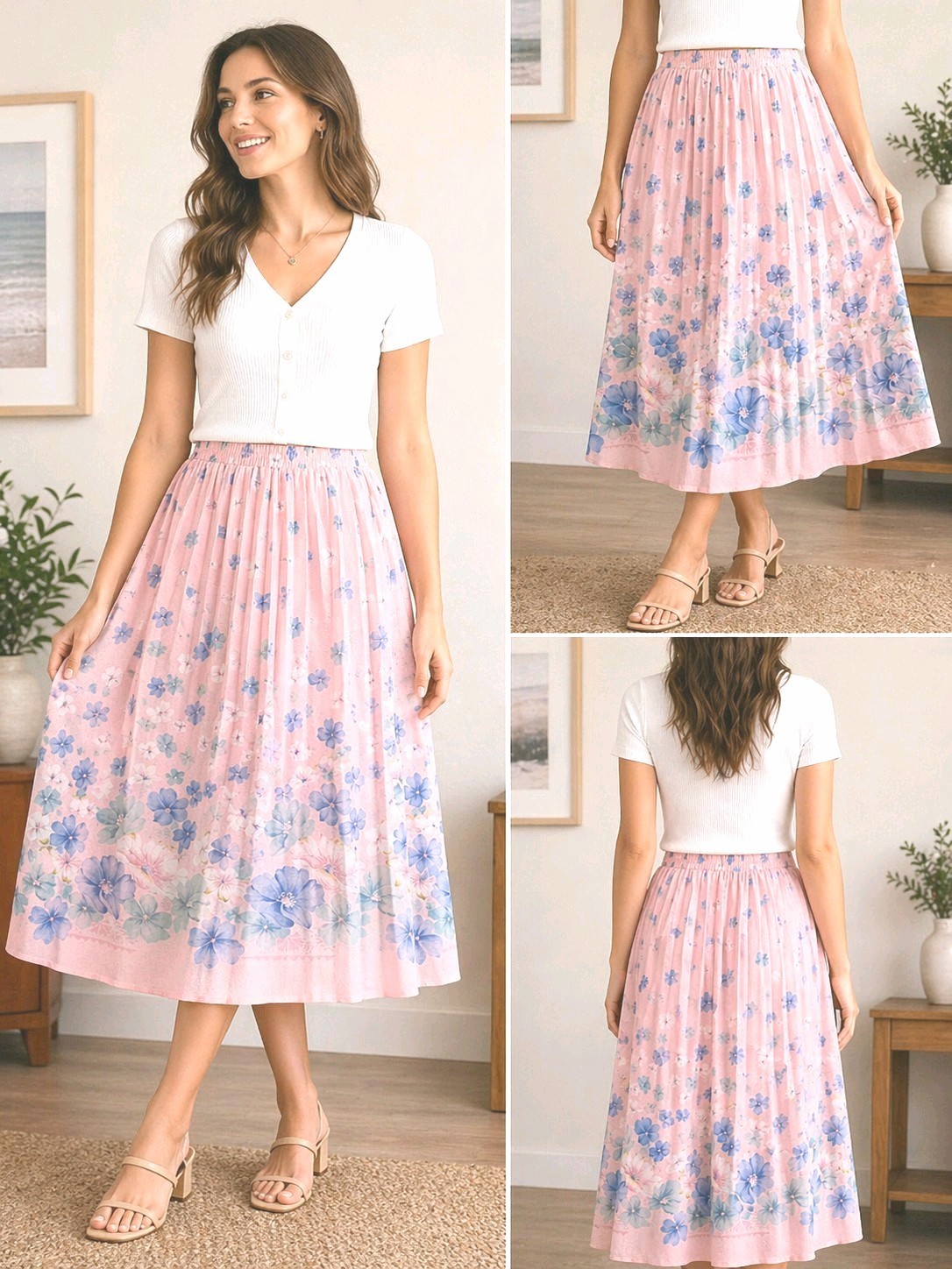 Vintage TanJay Floral Midi Skirt Womens Pink Pleated Elastic Waist Cottagecore