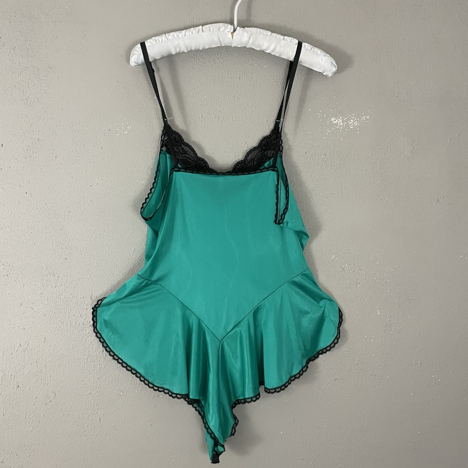 Vintage 80s Lingerie Teddy Romper Size 40 Roamans Green Satin Sissy Black Lace