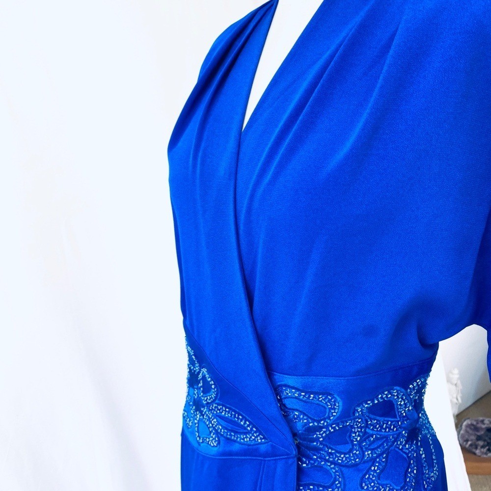 Vintage 80’s Daymor Couture Blue Wrap Style Dress with Beaded Embellishments S