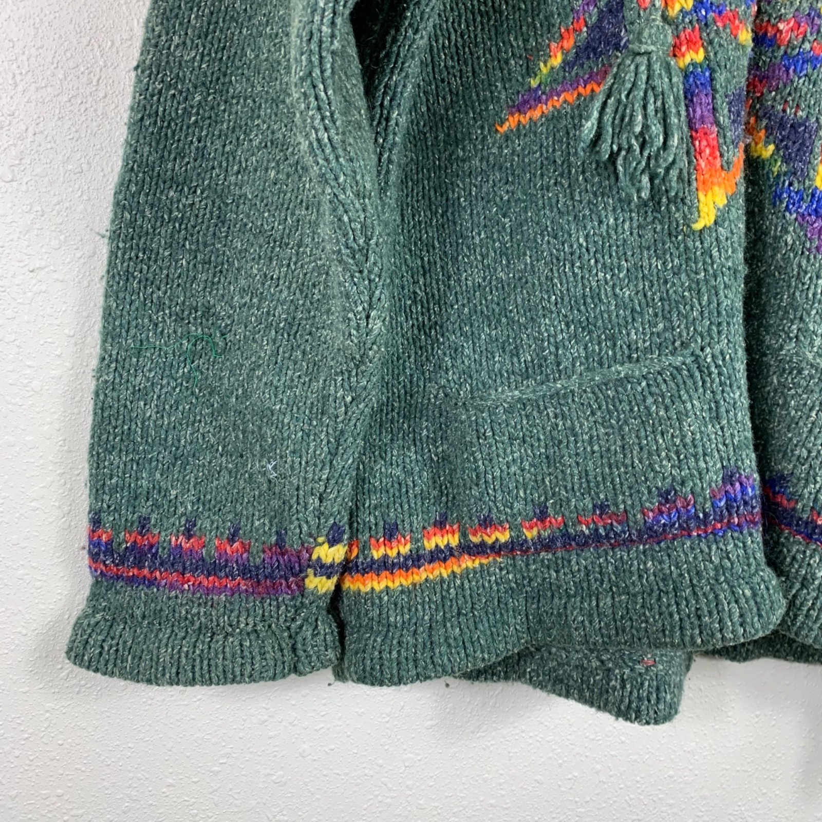VTG 80s Inti Raymi Artisans Andean Wool Knit Jacket Green L Boho Folk Handmade
