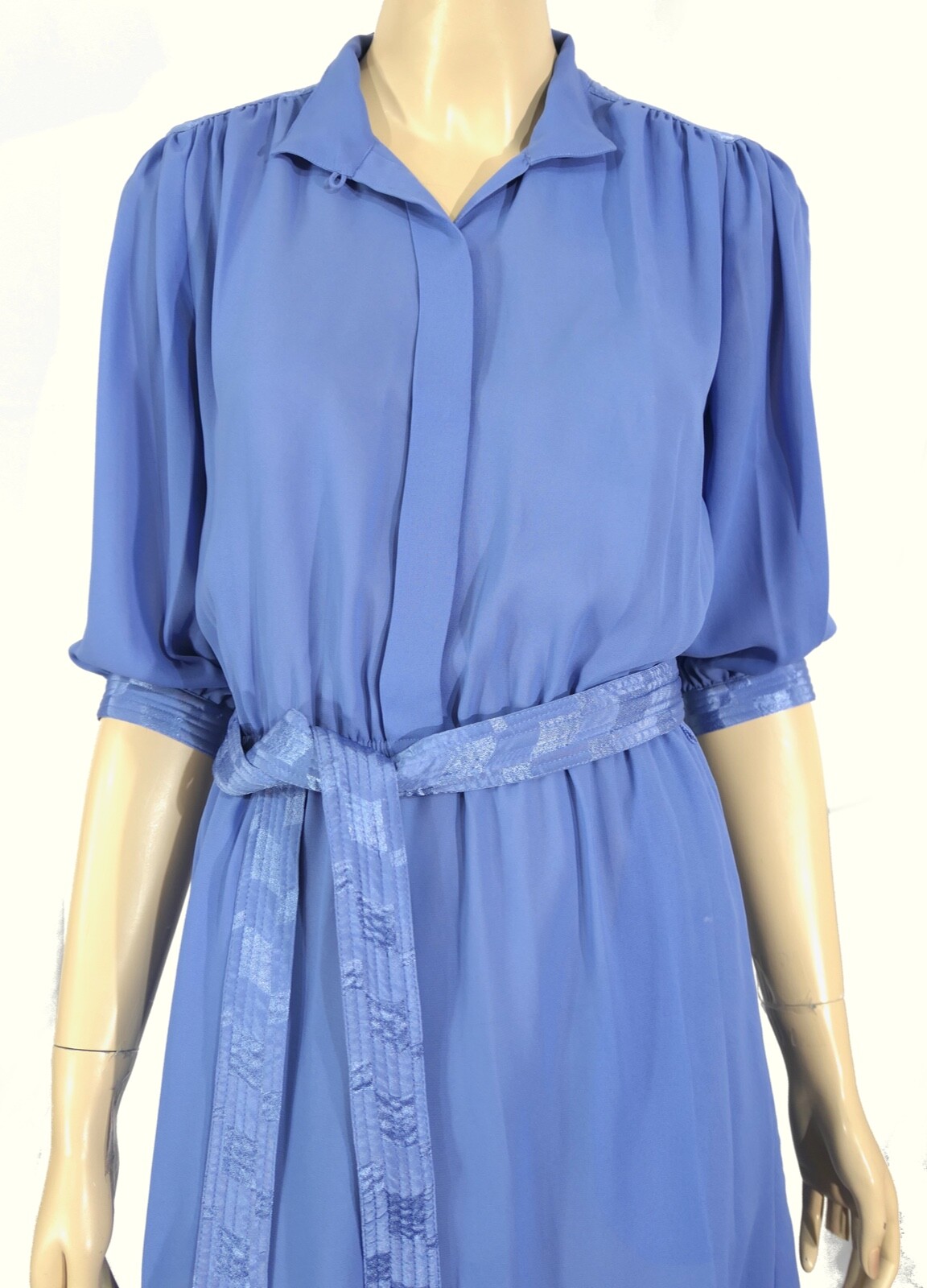 Vintage 70s Townhouse Petite Periwinkle Sheer Chiffon Belted Secretary Dress S/M