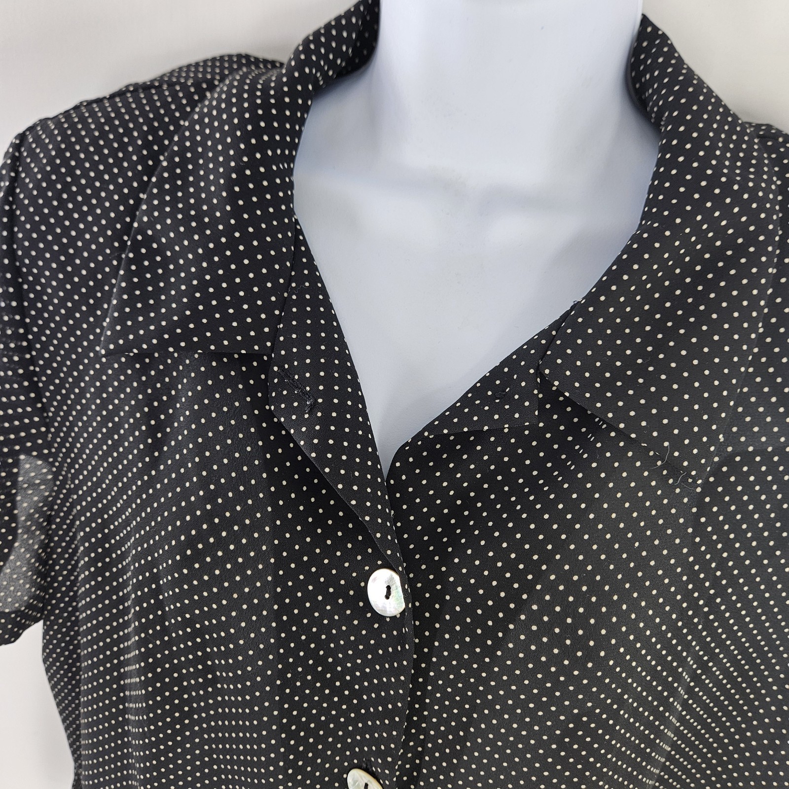 Vtg 80s/90s Maggie London Black White Polka Dot Blouse Shoulder pads L Sheer MOP