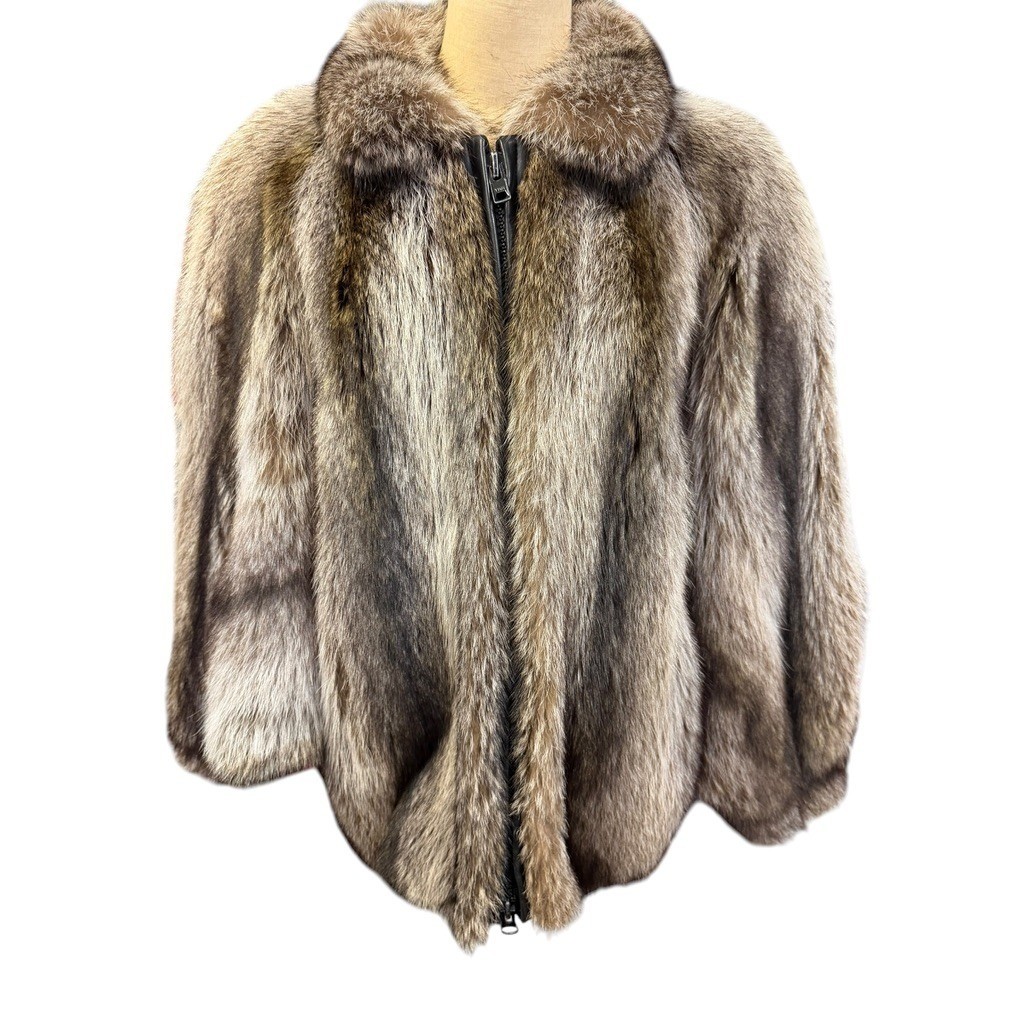 „Dittrich Furs” Real Fur Coat Cropped Batwing Zip Up Brown Grey Silver Fox NO SZ