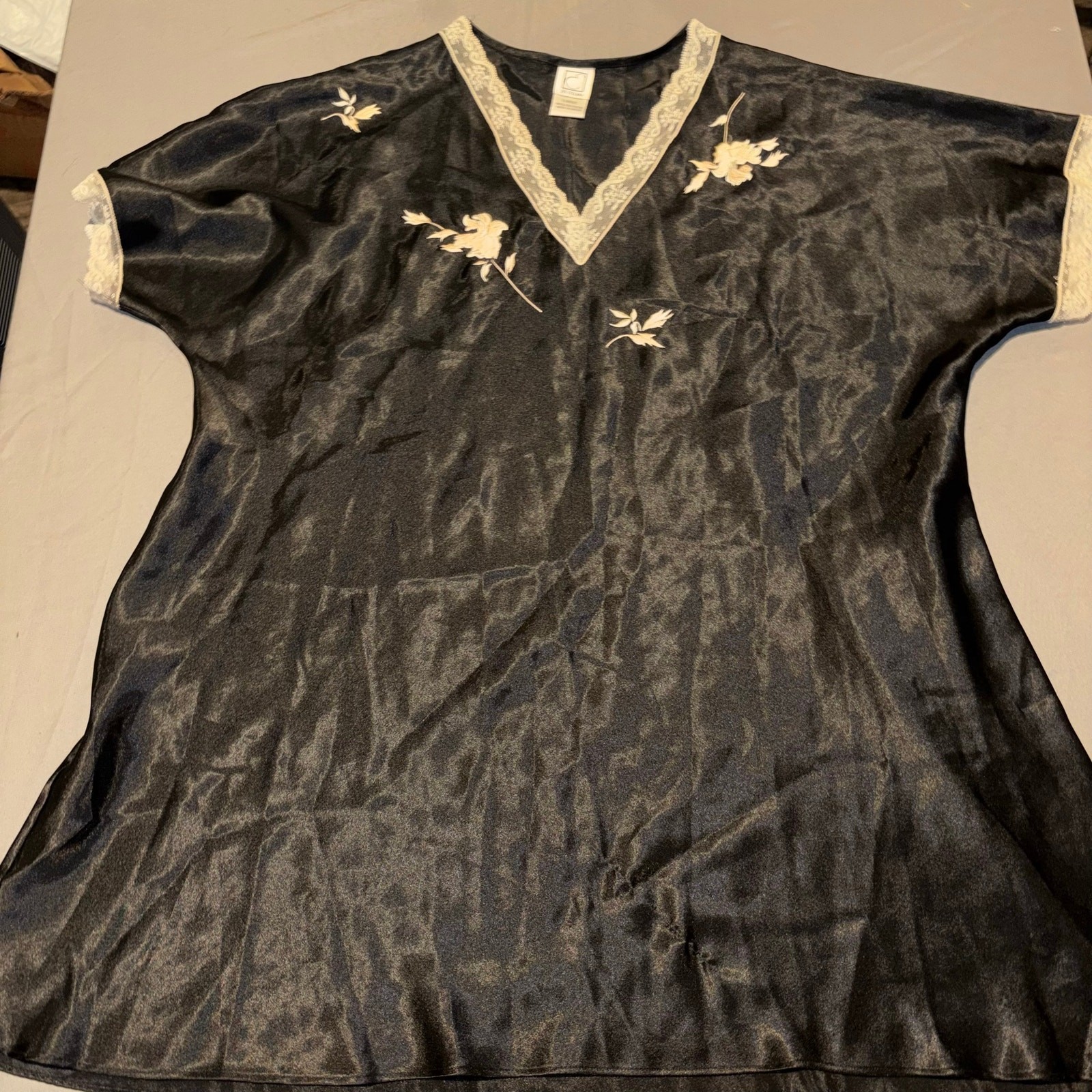 VTG Eve Stillman Black Satin Nightgown Floral Lace Embroidery Lingerie Dress L
