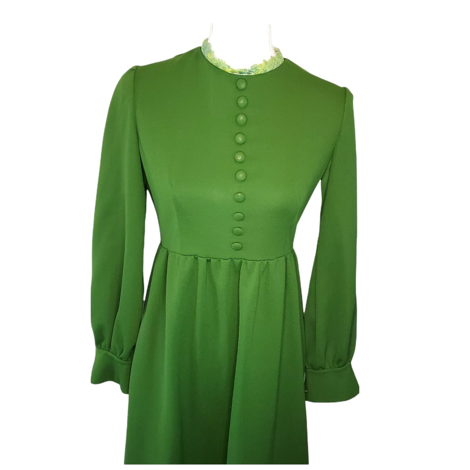 VTG Long Dress Longsleeve Floor Length Kelly Green Sz S Edwardian 60s 70s Basic