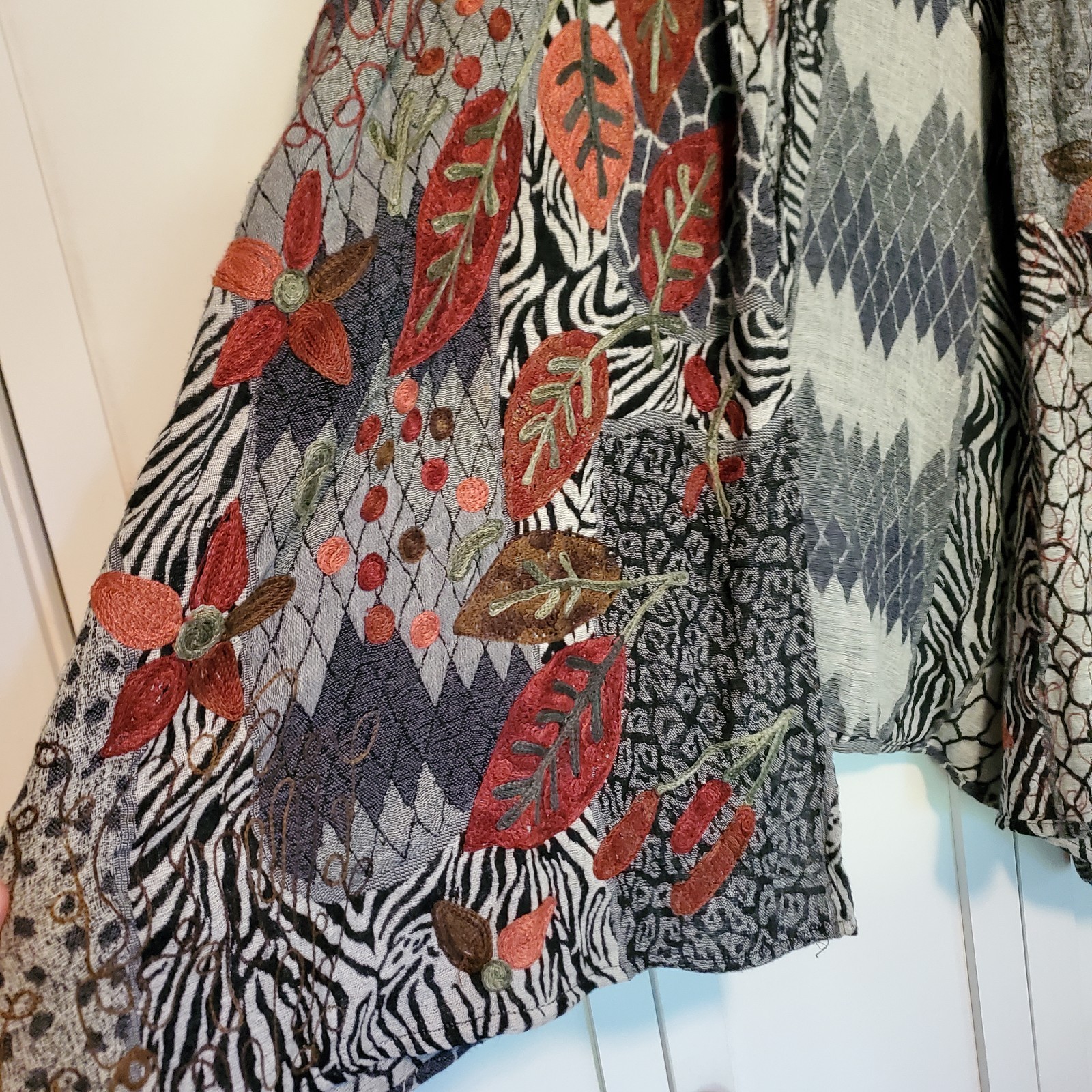 VTG Anu Wool Patchwork Abstract Art Open Jacket Womens S Mixed Media Embroidered