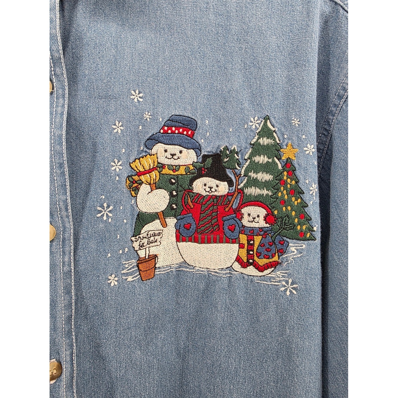 Let’s Quizz Again Vintage Snowman Embroidered Denim Shirt Medium Wash Blue M