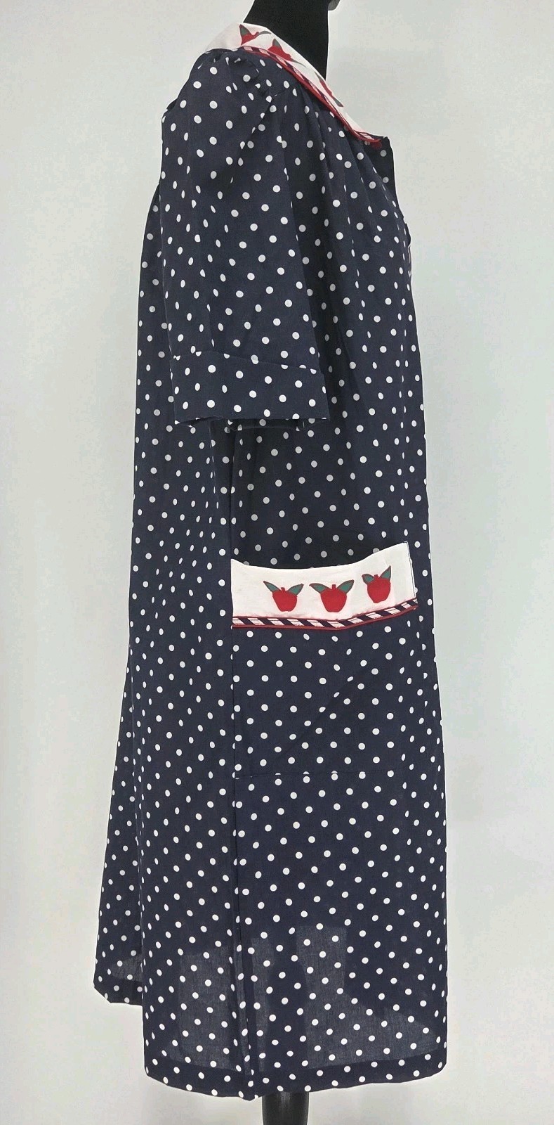 Vtg Models Coat Apple House Dress Medium Navy Polka Dot Snap Down