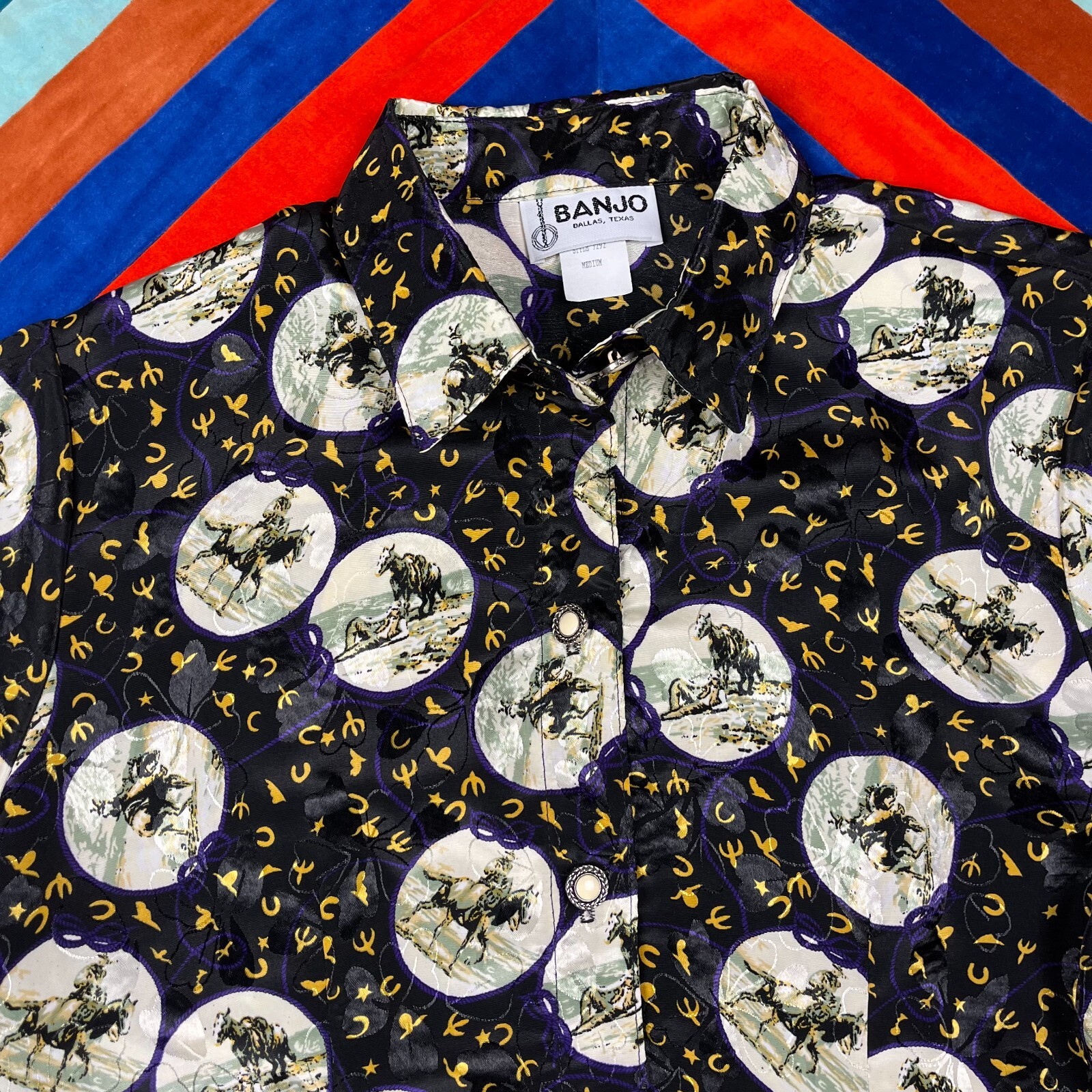 Vintage Womens M Satin Western Button Front Shirt Banjo Dallas Horse Riding Blk