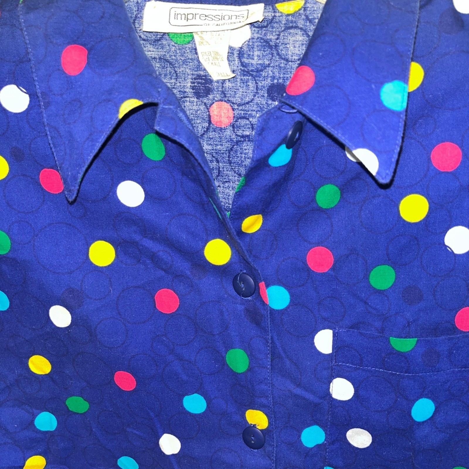 Women’s Vintage Impressions of California Blue Polka Dot Button Up Shirt Small