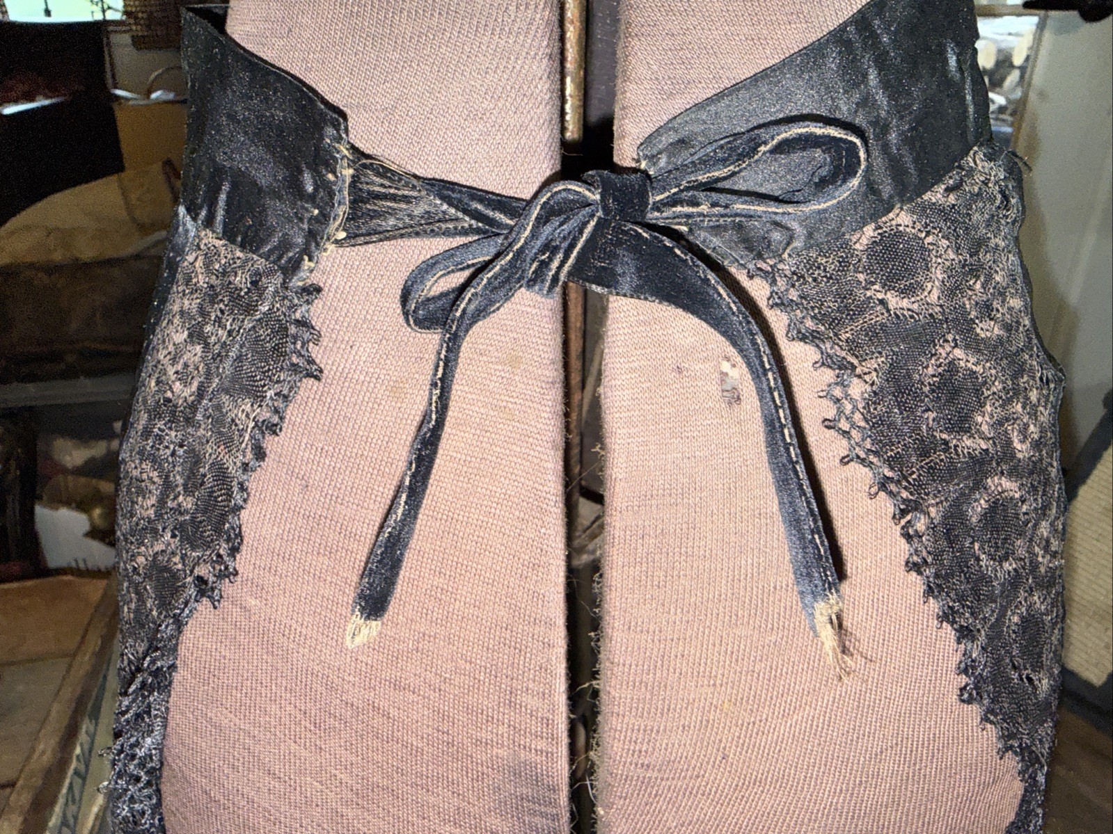 Antique Victorian Edwardian Black Satin And Lace Mourning Apron