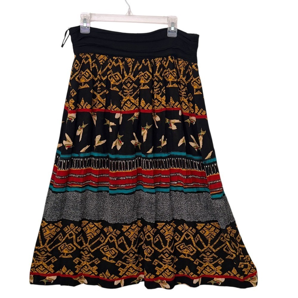 VTG 90s Tribal Bird Print Maxi Skirt Size 14 BOHO Whimsigoth Fairy Smocked Flowy