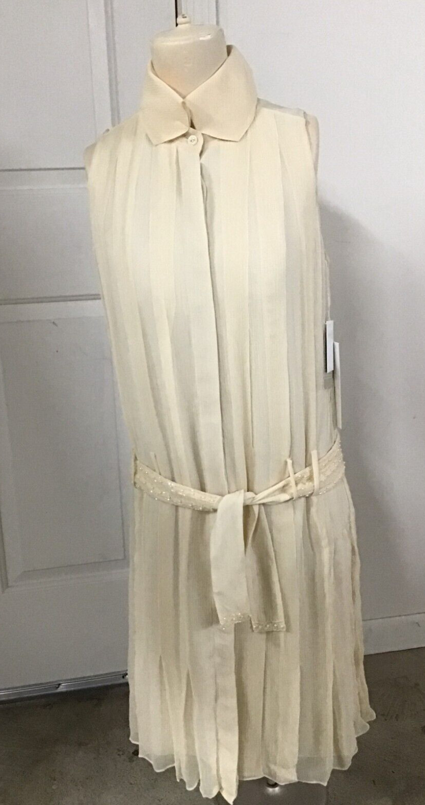 W by Worth Petite 100% Silk Cream Vintage Size 8 Lined Sheath Dress Beaded Belt