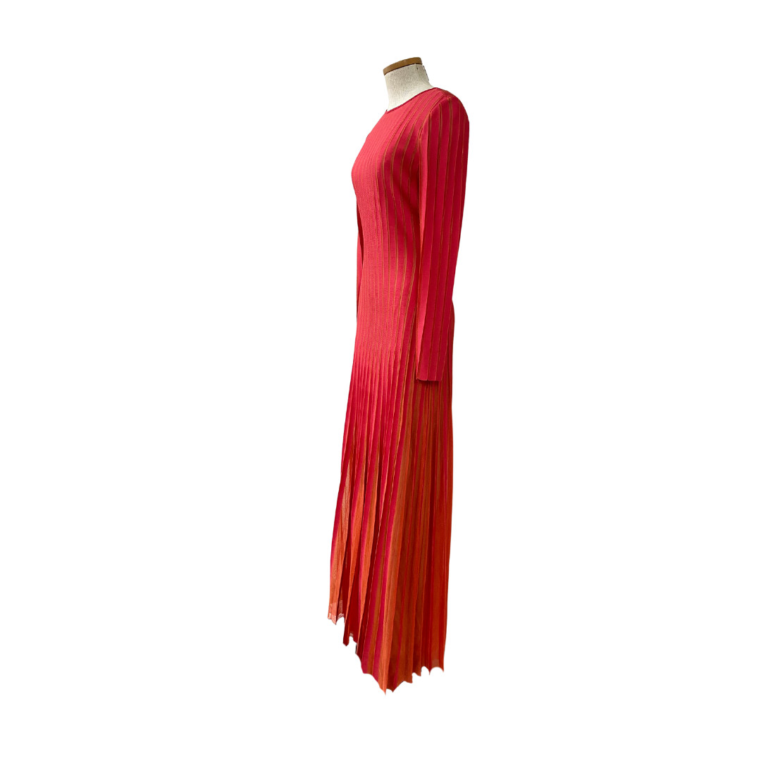 2021 St. John Magenta Pink Hot Pink Pleated Knit Luxury Scoop Back Maxi Dress