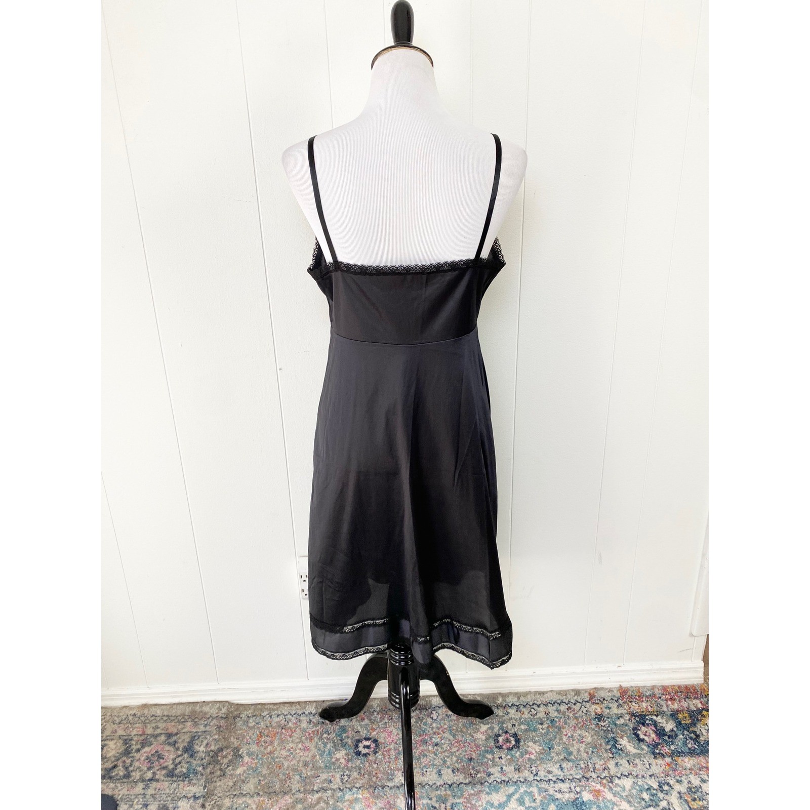 Vintage Sears Black Lace Trim Full Slip Antron III Nylon Size 38/M Made in USA