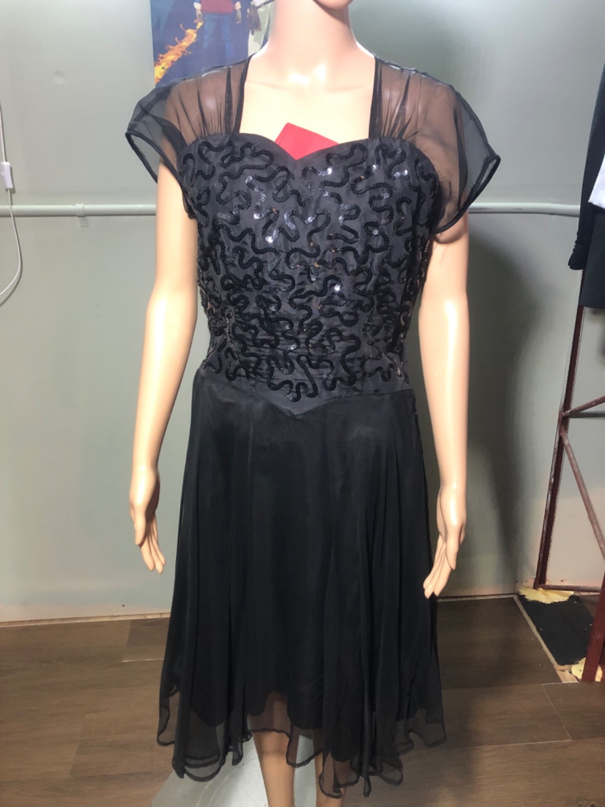 Vintage Molly Malloy Black Sequin Dress Whimsigoth Goth Chiffon Midi 8 10 AS IS