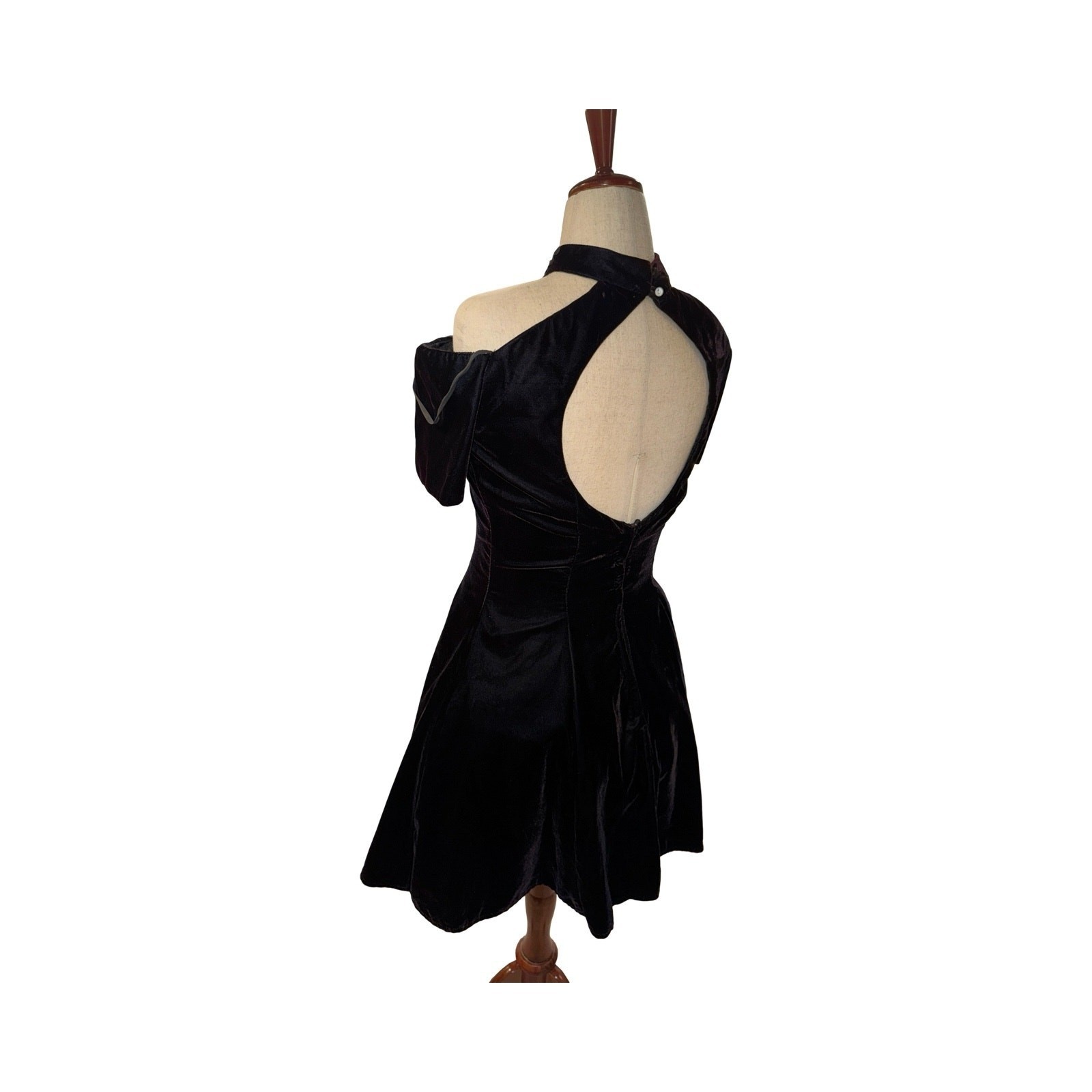Vintage 90s L.A. Glo Velvet Mini Dress Women Black Beaded Lace Open Back 9/10