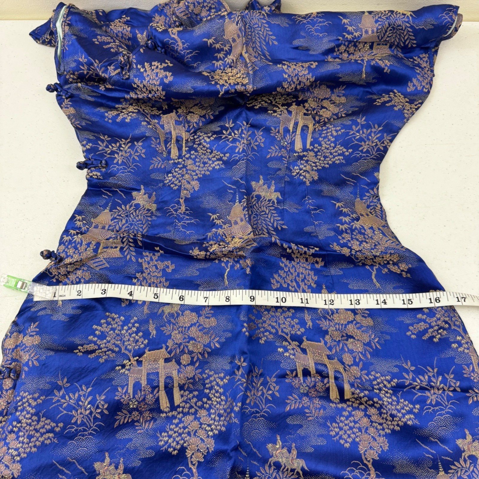 Vintage Blue & Gold Asian Brocade Cheongsam Dress With High Collar & Side Button