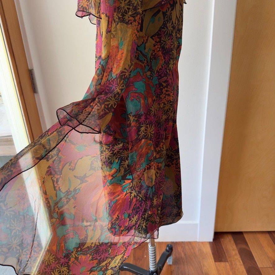 VTG Holly Harp 100% Silk Chiffon Tiered Ruffle Long Sleeve Floral Dress-Size Med