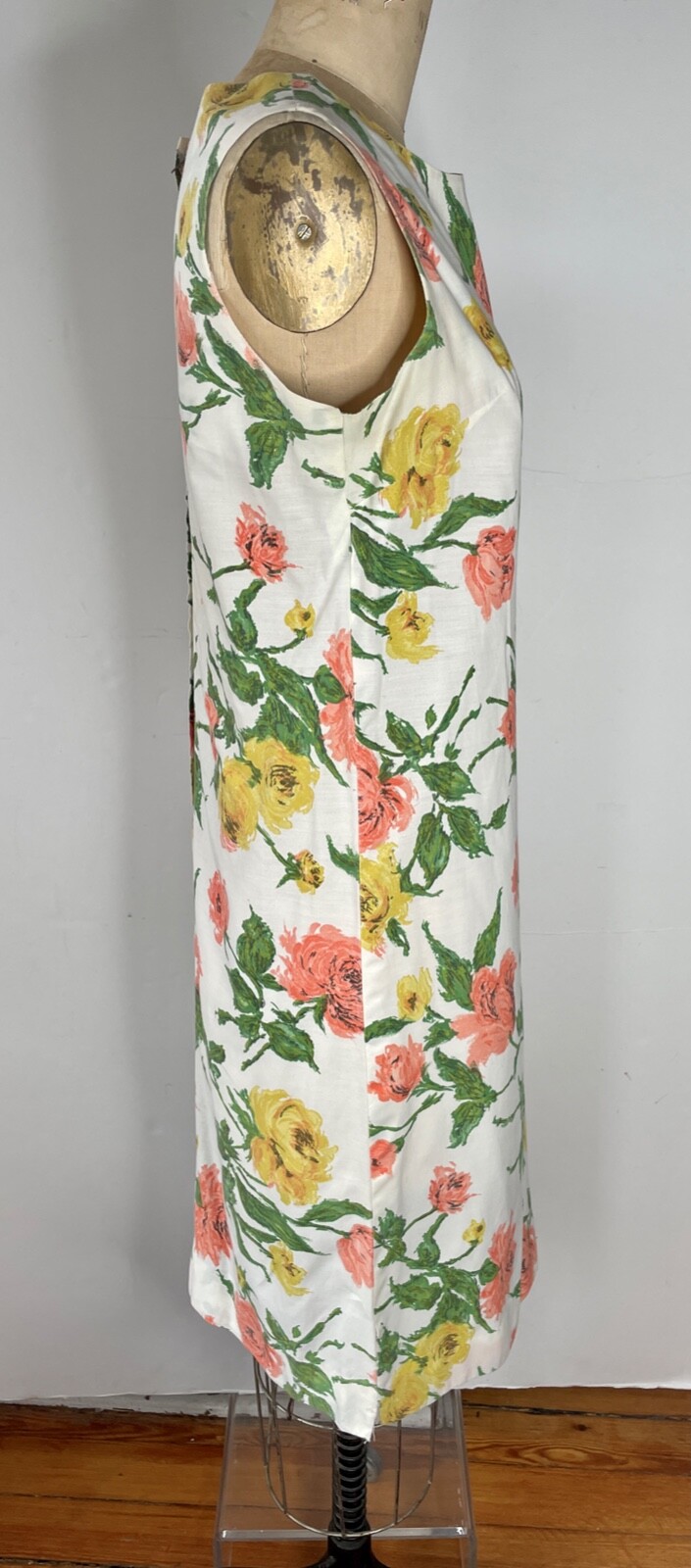 VTG 60’S HANDMADE WHITE CORAL YELLOW CABBAGE ROSE PRINT SHIFT DRESS W BELT*S/M