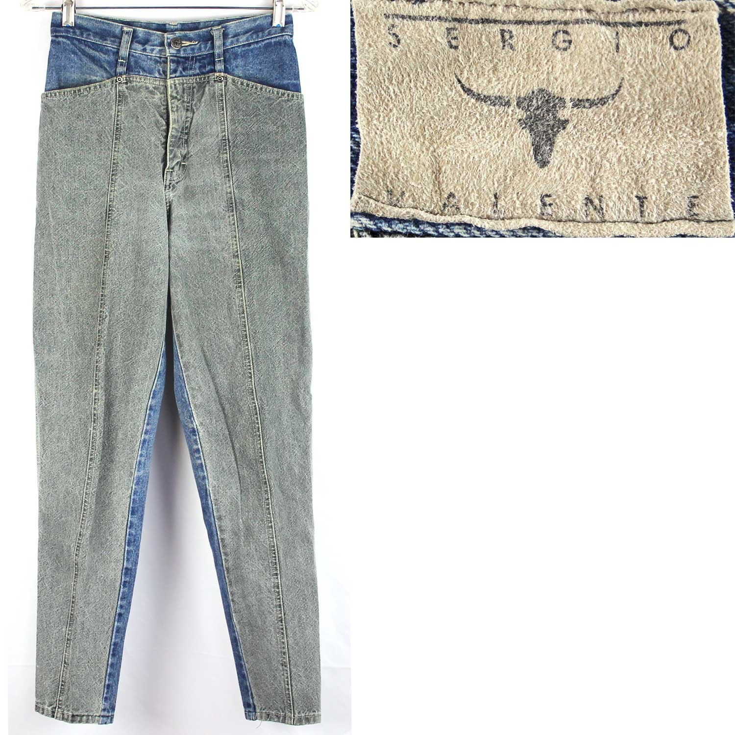 1980s Vintage SERGIO VALENTE Jeans Hi Waist Gray/Blue Colorblock Denim Women’s 6