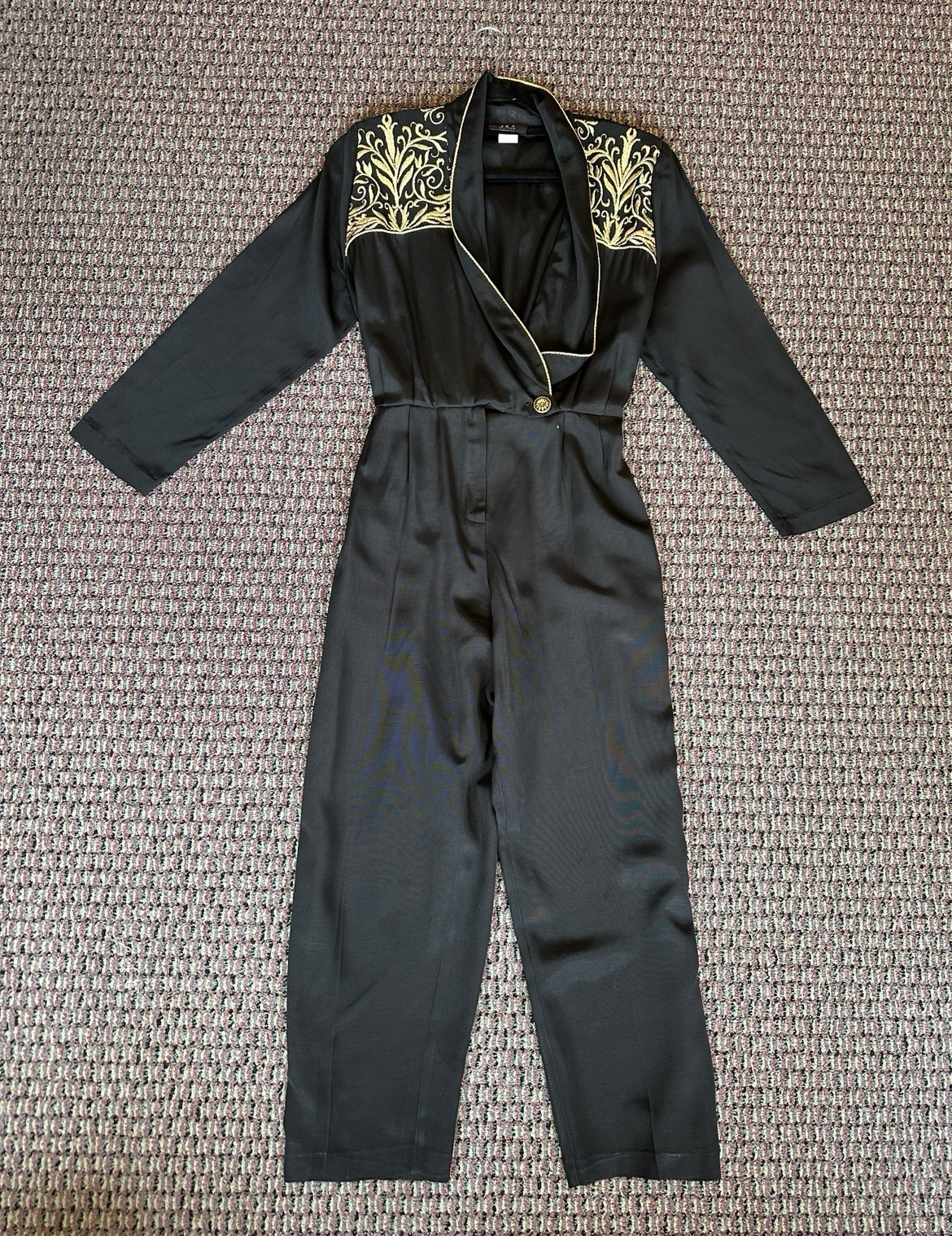 Vintage 80s New Wave Structured Jumpsuit Black Gold Embroidered S
