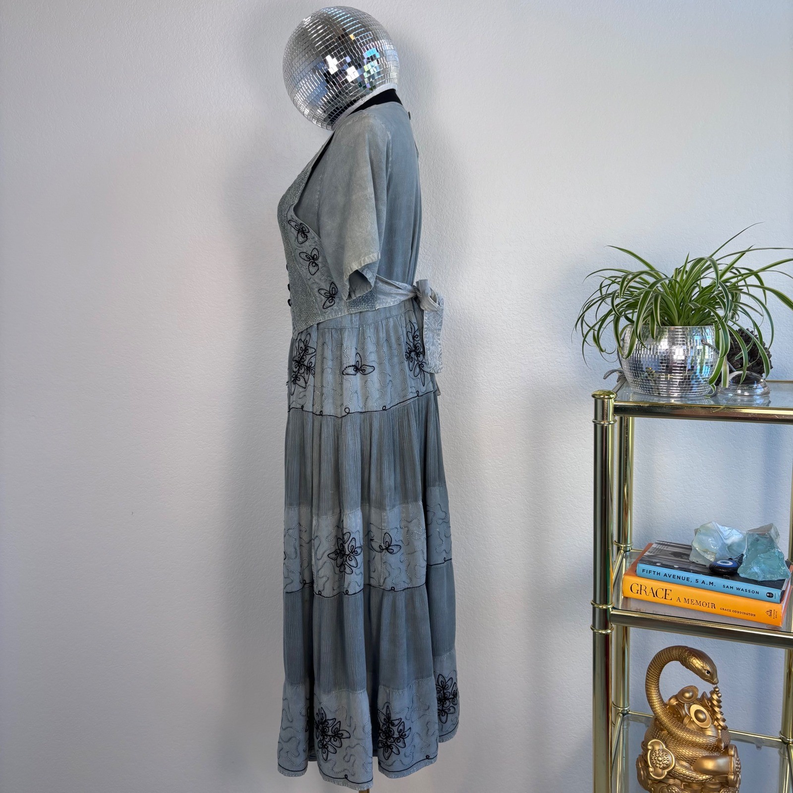 Vintage Cottage Blue Grey Embroidered Tiered Midi Dress, Medium Boho Ren Faire