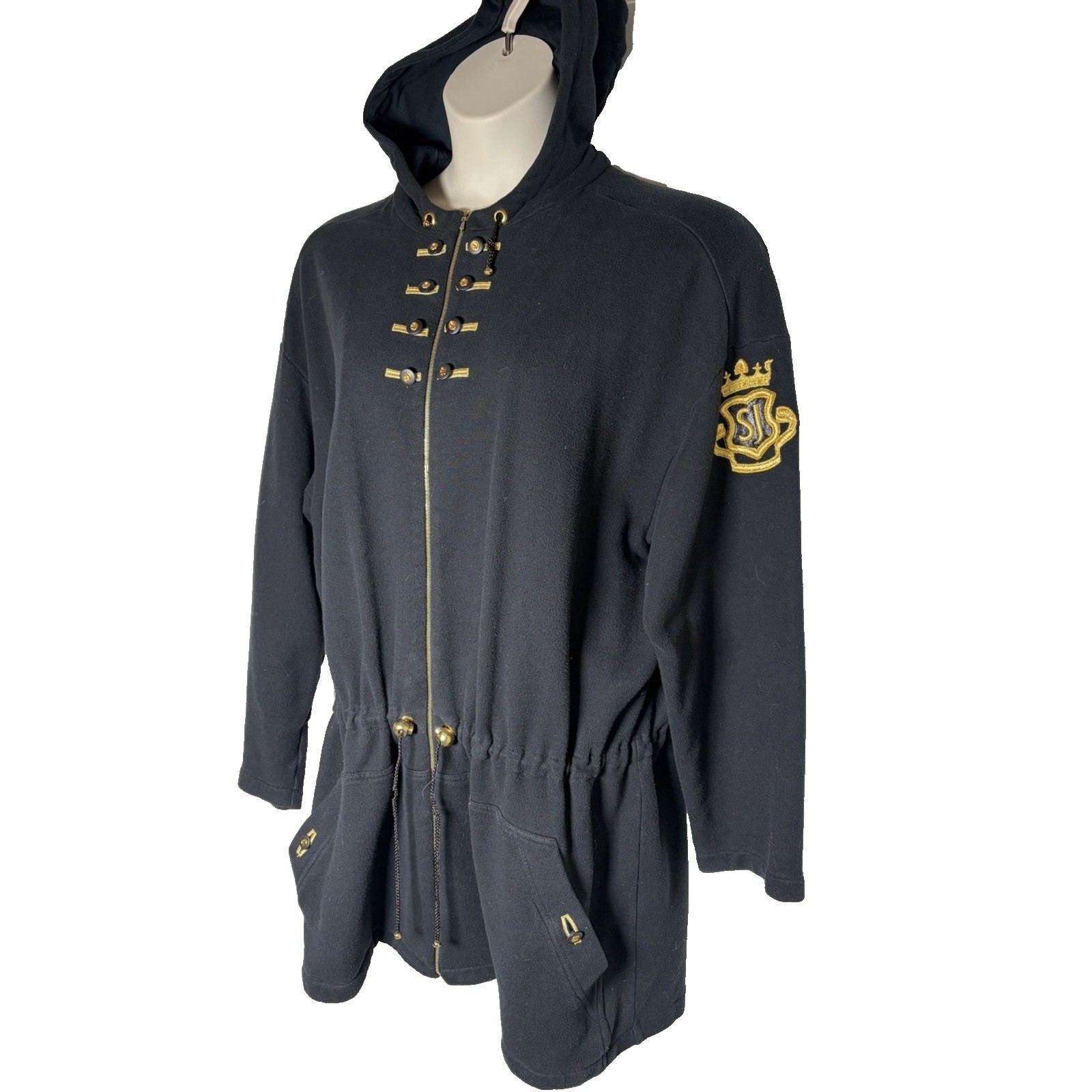 Vtg ST JOHN Sport Black Zip Hoodie Military Jacket~Sz L~Gold Logo Crest ITALY
