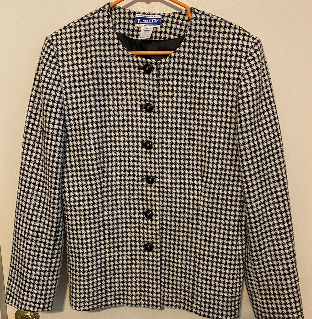 Vtg Pendleton Houndstooth Wmns Skirt Suit Set Blk&Wht/ Silver Thread Sz 10 USA